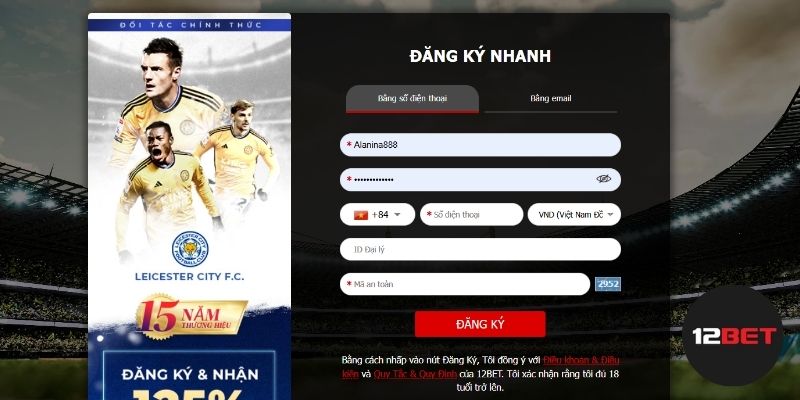 Hoàn tất form mẫu khi đăng ký 12BET