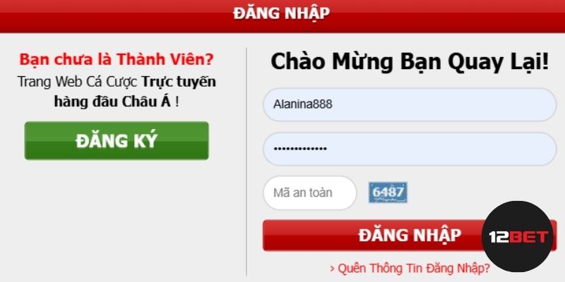 Hoàn tất form mẫu khi đăng nhập 12BET