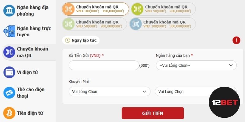 Nạp tiền 12BET bằng chuyển khoản mã QR